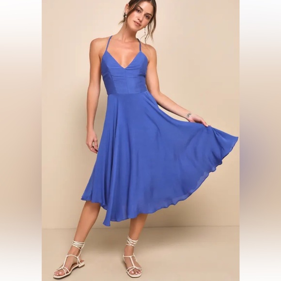 Lulus Dresses & Skirts - NWT Lulus Troulos Royal Blue Lace Up Midi Dress Skater Gauze Size Small